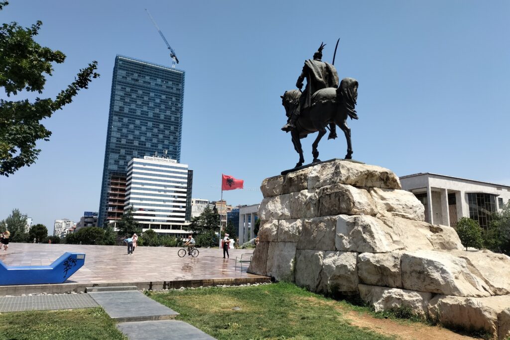 Skanderbeg Square with a huge statue of Skanderbeg on a horse