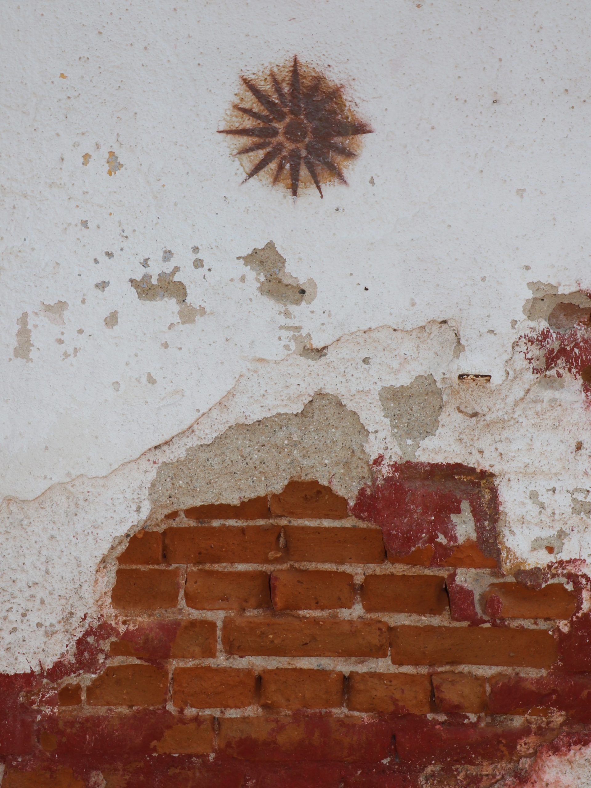 Macedonian shield on a wall with exposed brick