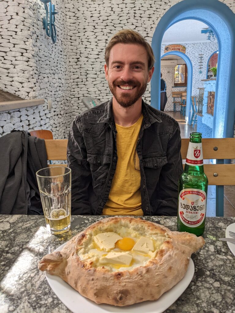 adjarian khachapuri bread boat filled with cheese and egg