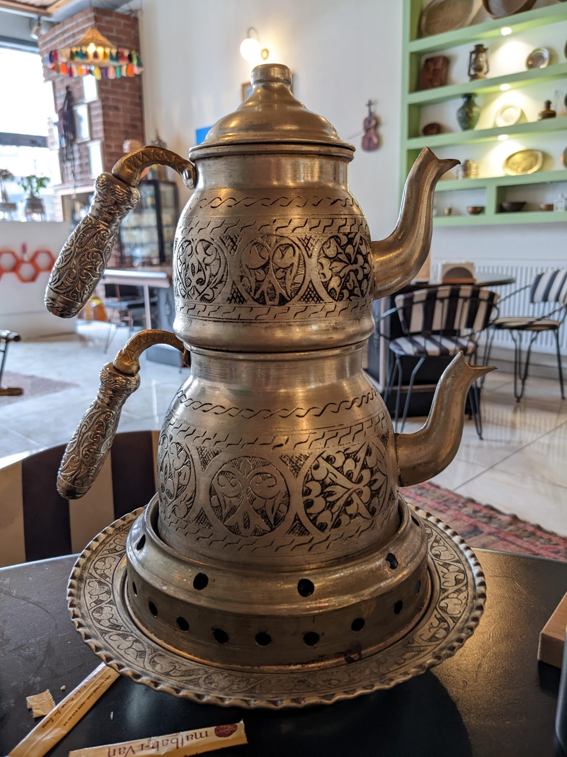 stacked teapots, full turkish breakfast 