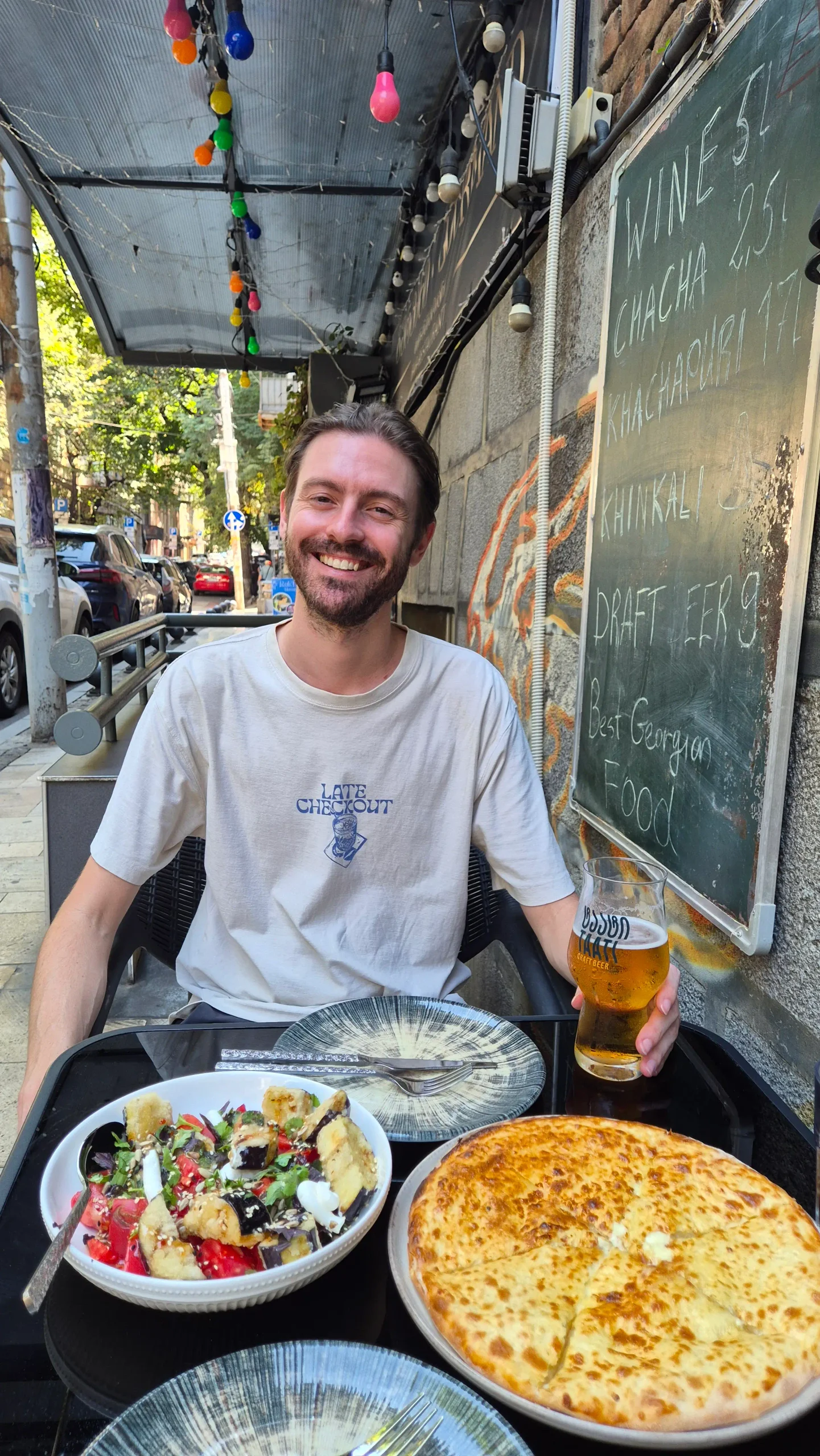 Imeretian khachapuri and crispy aubergine salad at Gurmani 80, Tbilisi