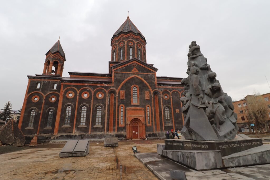 Gyumri, All Saviours Cathedral All Saviour's Cathedral in Gyumri, Armenia, is built with the local red and orange tuff bricks
