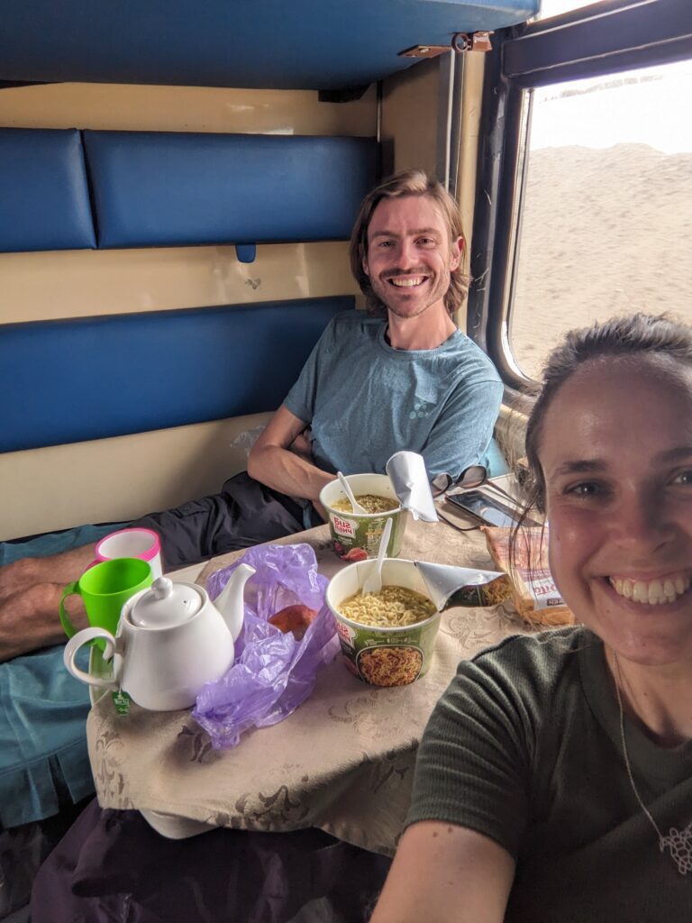 instant noodles and tea on an Uzbek desert train journey