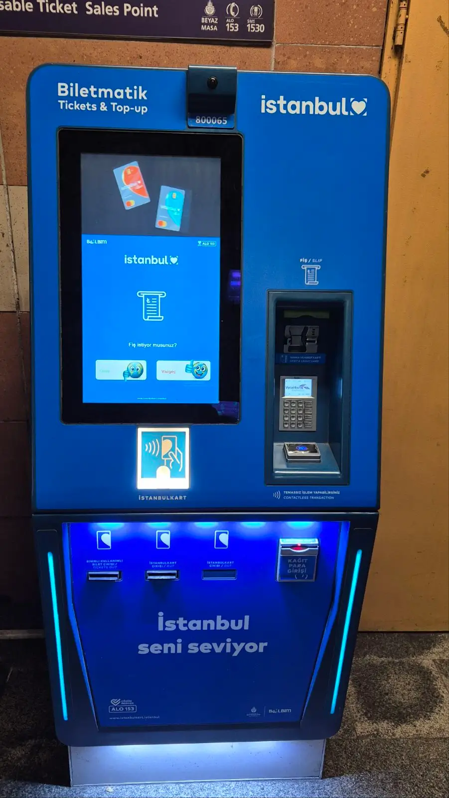 a blue Istanbul transport card dispensing and top up machine 