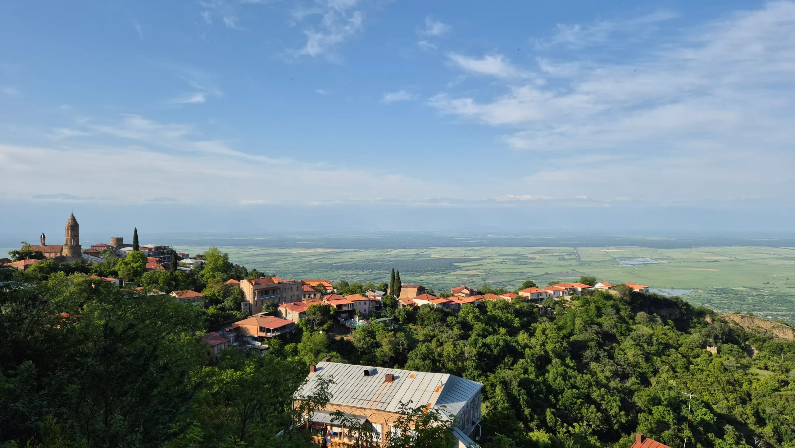 Sighnaghi Views a view over Sighnaghi shows orange-roofed buildings on a raised ridge surrounded by trees, and seemingly endless green plains
