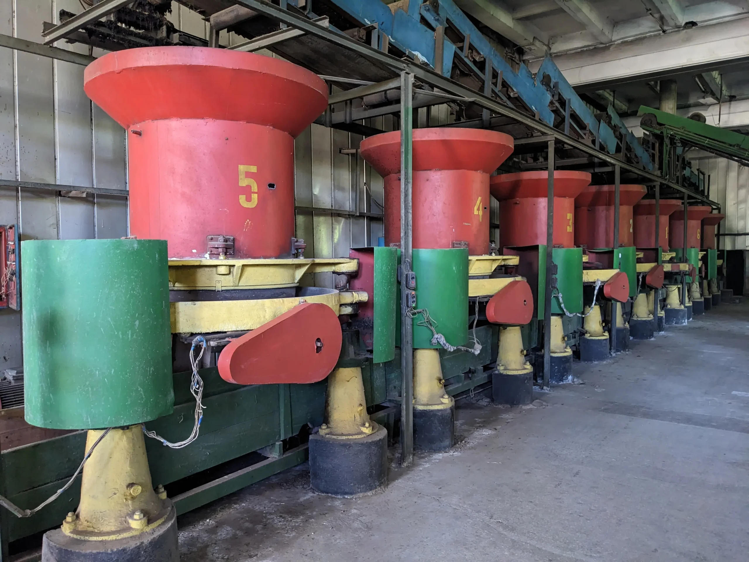 Tea Factory red, yellow, and green machines in a Soviet tea factory in Ozurgeti, Guria, Georgia
