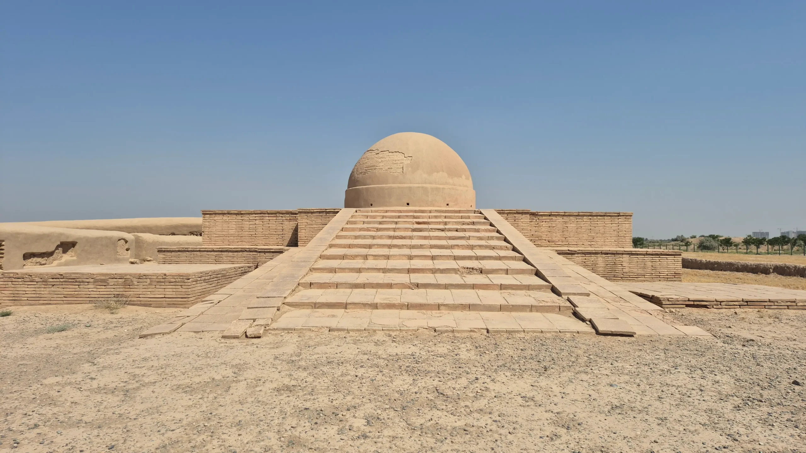 Fayaztepa bricks steps lead to a brick dome housing an ancient Buddhist stupa at Fayaztepa, Termez, Uzbekistan