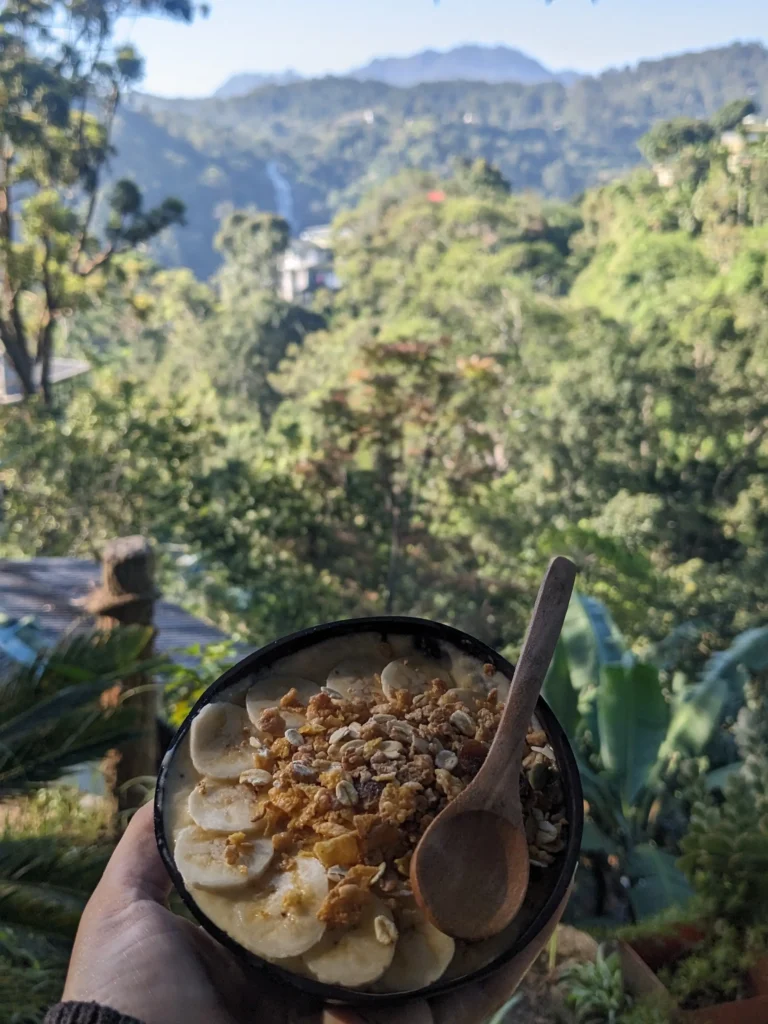 breakfast with a view a smoothie bowl topped with banana slices round the edge and granola and dried fruit in the centre. Served in a coconut shell with a wooden spoon, looking out over Kuda Ravana waterfall, Ella, Sri Lanka
