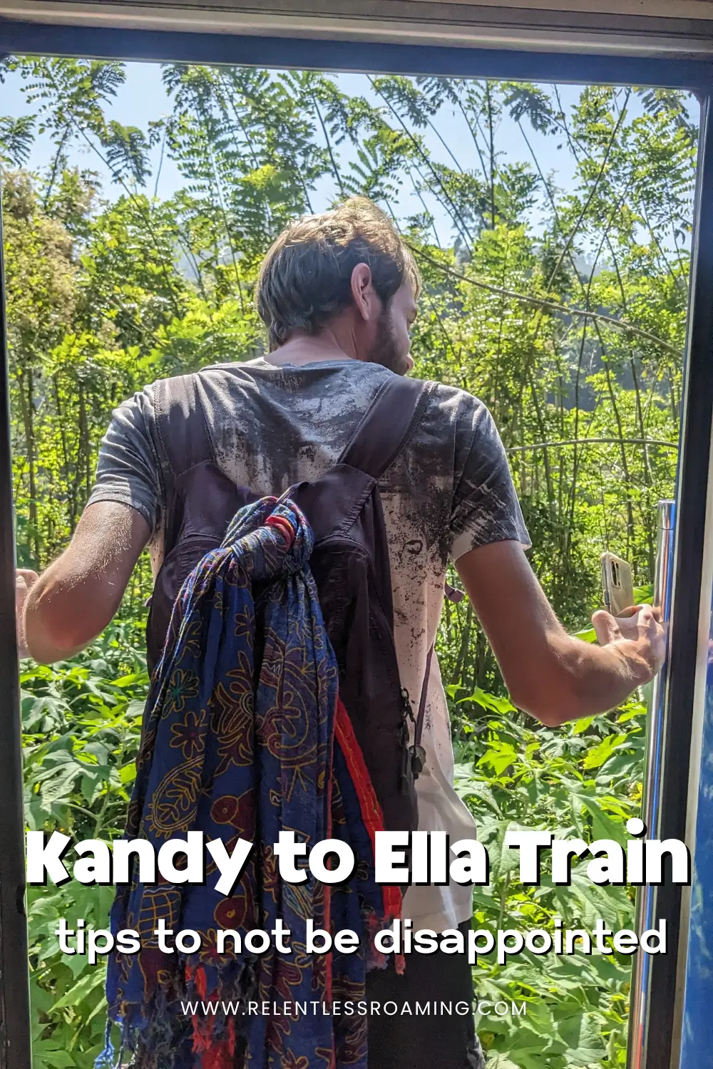 kandy to ella train pin a man is looking out of the train doors of the famous Kandy to Ella train in Sri Lanka