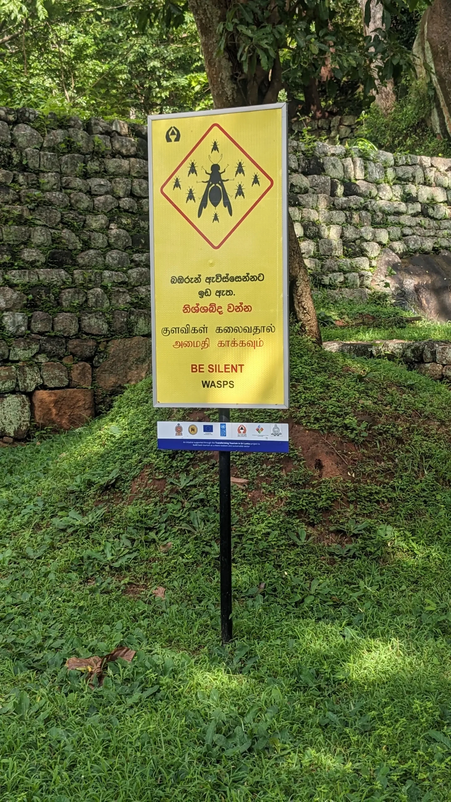 a yellow sign warns visitors to Sigiriya Rock to be quiet so as not to disturb the wasps