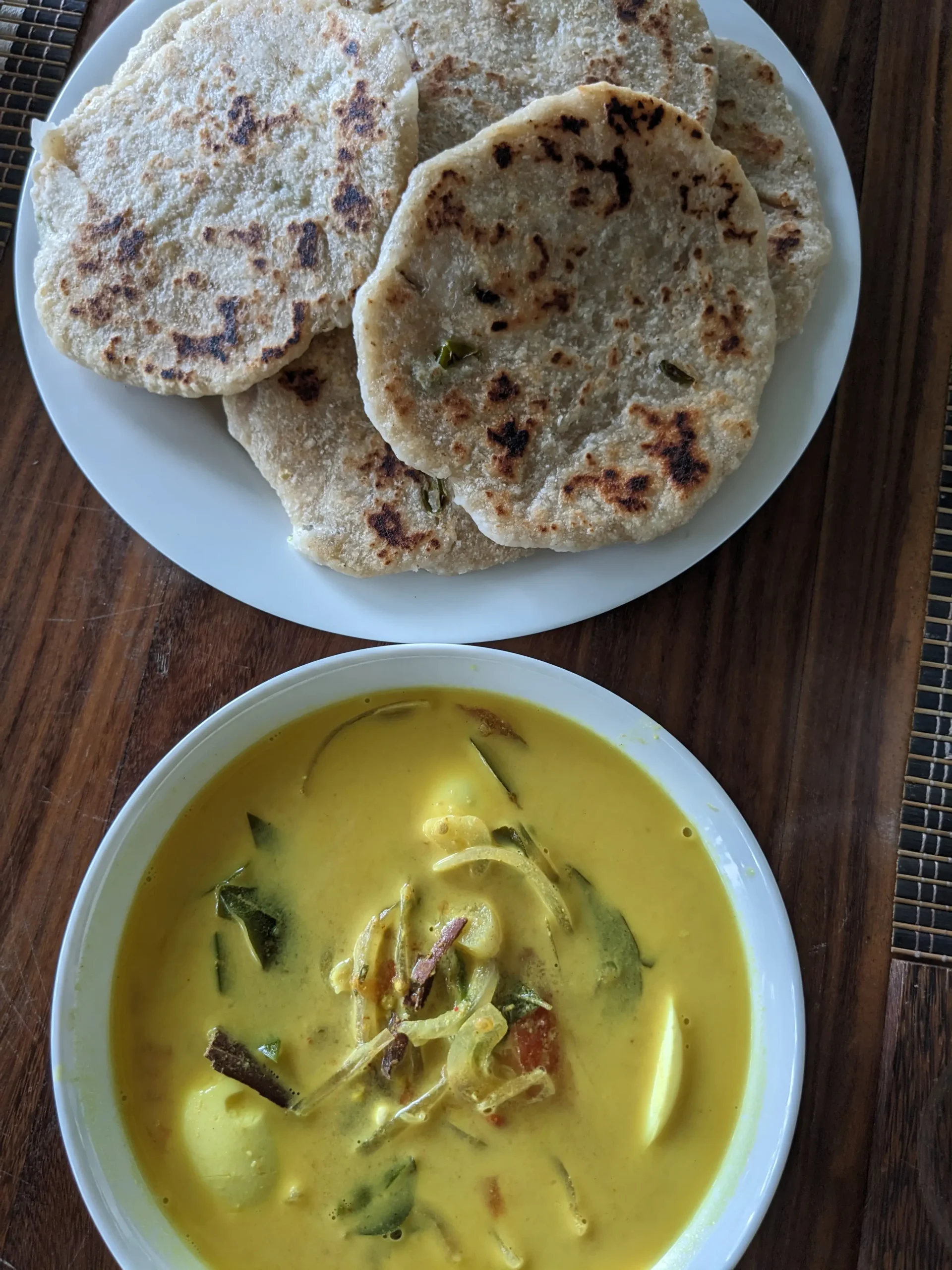 a plate of coconut roti and a bowl of yellow curry with hard-boiled eggs and onions in - Sri Lankan vegetarian food