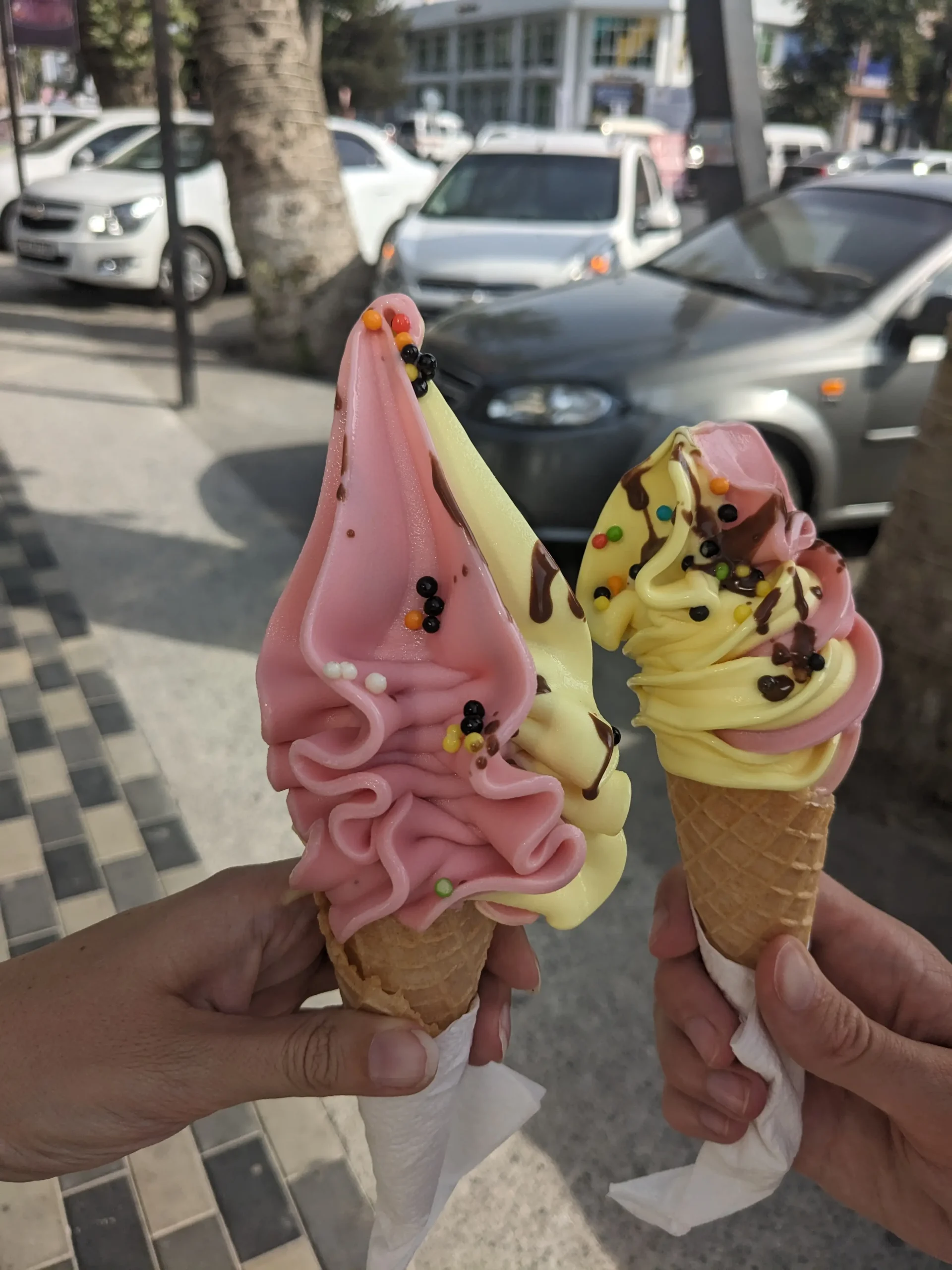 mango and strawberry softy ice cream in a cornet in Fergana Valley, Uzbekistan