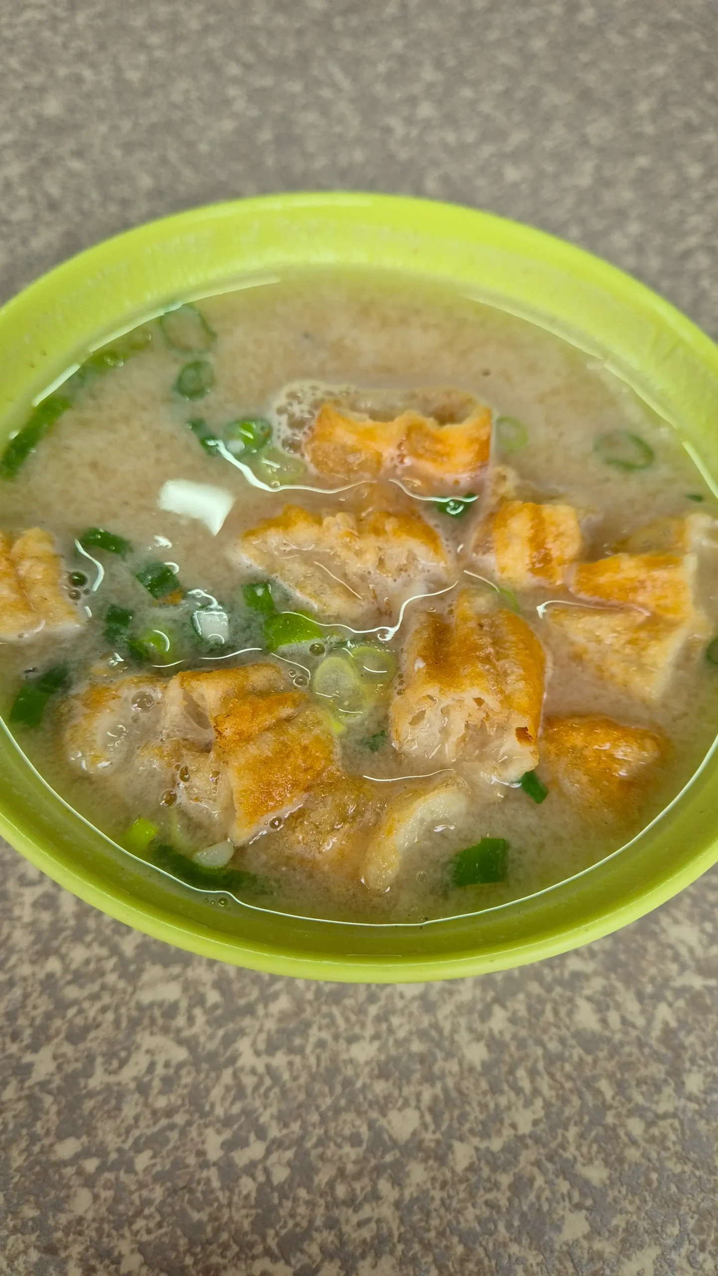 a bowl of savoury soy milk has chunks of youtiao doughnut and spring onions in it - Taiwanese breakfast 