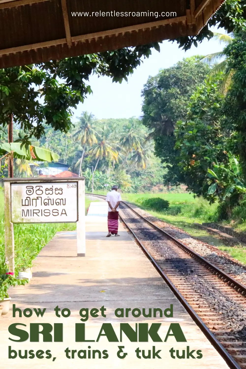 a man wearing a red Sri Lankan sarong and white shirt is walking down the train platform at Mirissa train station which is surrounded by palm trees and tropical jungle - how to get around Sri Lanka: buses, trains & tuk tuks