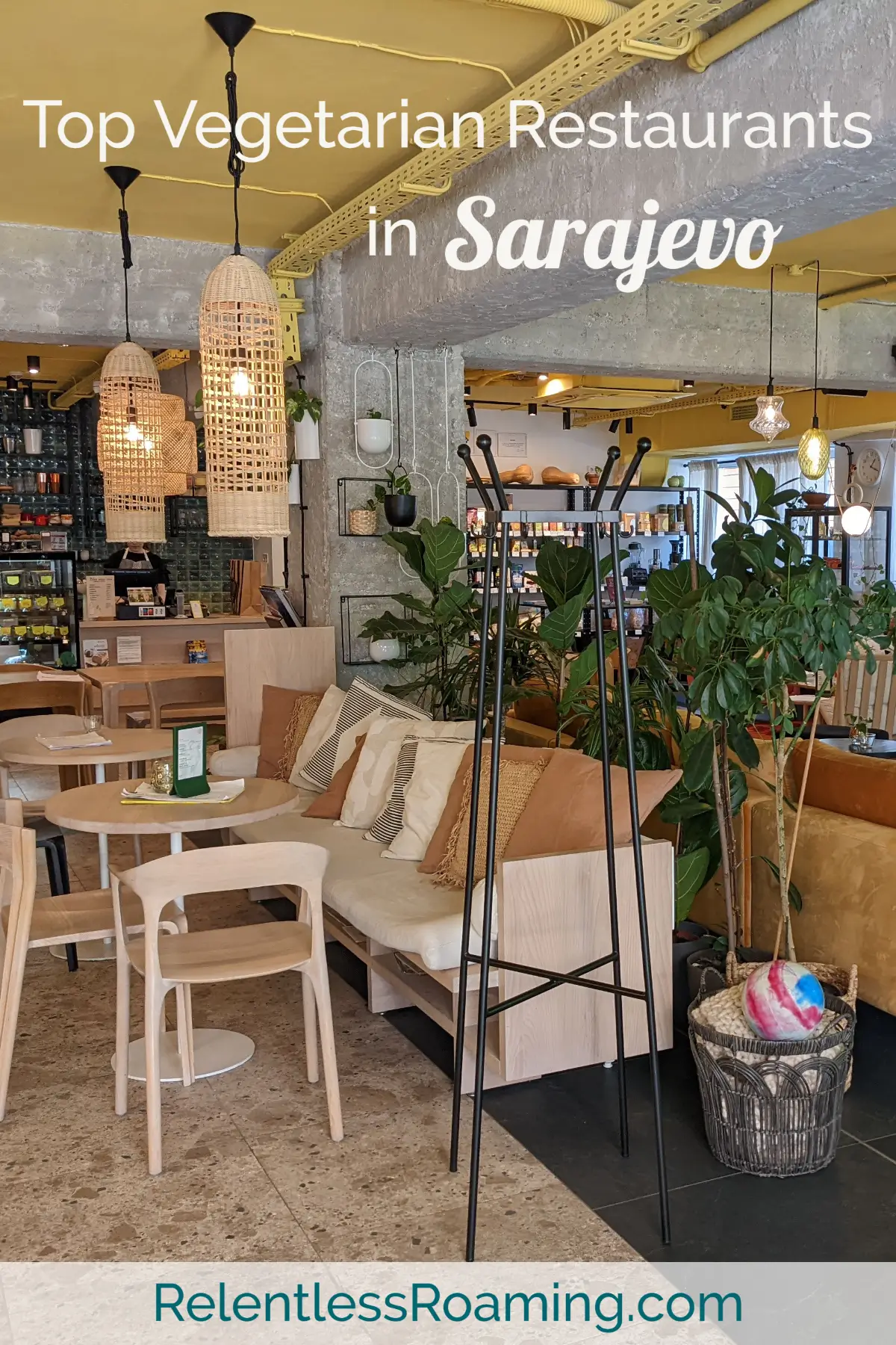 travel tips for bih pin the aesthetic decor of a vegan cafe has wooden furniture, yellow walls, weaved lamp shades. Zdravo, Sarajevo. best restaurants in Sarajevo for vegetarians