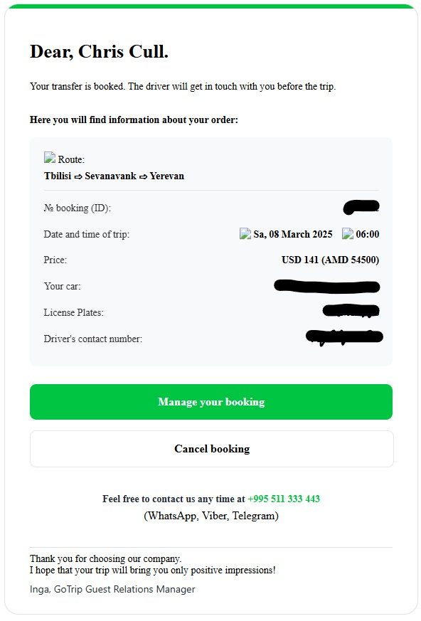 GoTrip Georgia Review: Private Drivers in Georgia & Armenia 4 gotrip booking confirmation screenshot